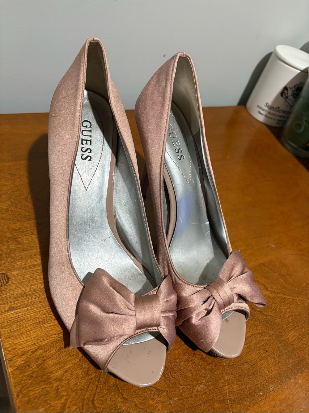 GUESS Blush Pink Satin Peep-Toe Heels with Bow